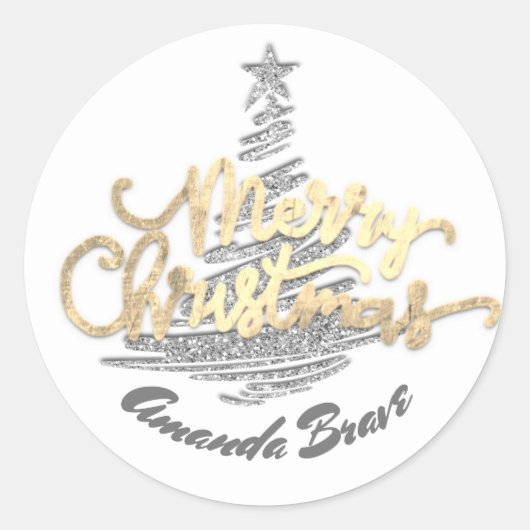 Vrolijk kerstscript: Gold Grey White Ronde Sticker (Voorkant)