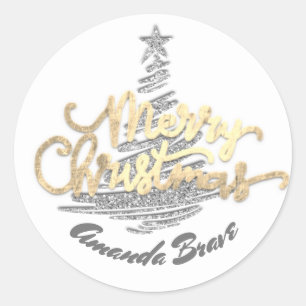 Vrolijk kerstscript: Gold Grey White Ronde Sticker