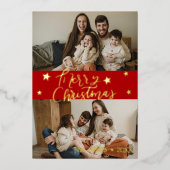 Vrolijk kerstscript Gold Stars 2 foto rood Folie Feestdagenkaart (Voorkant)