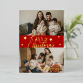 Vrolijk kerstscript Gold Stars 2 foto rood Folie Feestdagenkaart (Staand Voorkant)