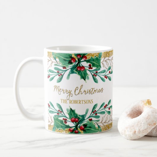 Vrolijk kerstscript Gouden Waterverf Holly Berry Koffiemok (Met donut)