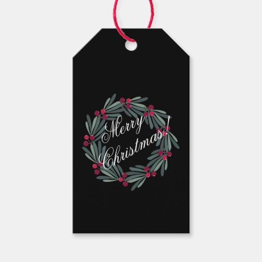 Vrolijk kerstscript Green Holly Wreath Cadeaulabel (Voorkant)