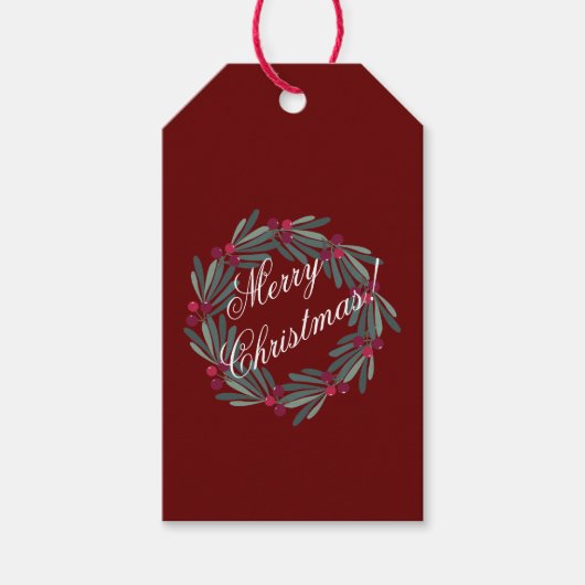 Vrolijk kerstscript Green Holly Wreath Cadeaulabel (Voorkant)