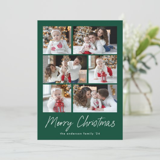 Vrolijk kerstscript Groen 6 Fotocollage Feestdagenkaart (Staand voorkant)