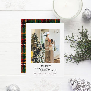 Vrolijk kerstscript groen geel geruite foto feestdagenkaart
