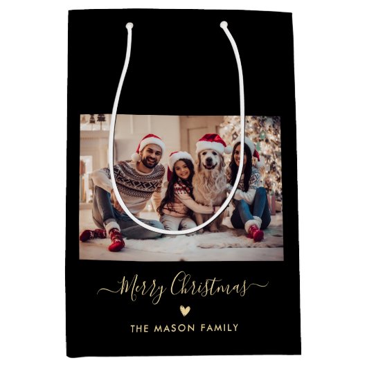 Vrolijk Kerstscript Hart Zwart en Goud Foto Medium Cadeauzakje (Voorkant)