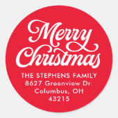 Vrolijk kerstscript klassiek rood retouradres ronde sticker (Voorkant)