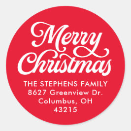 Vrolijk kerstscript klassiek rood retouradres ronde sticker