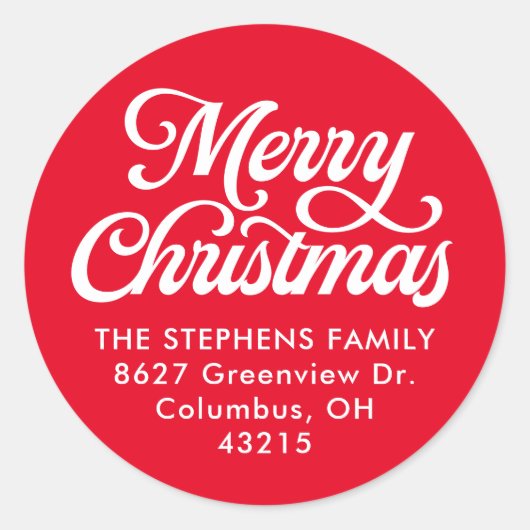 Vrolijk kerstscript klassiek rood retouradres ronde sticker (Voorkant)