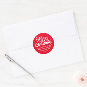 Vrolijk kerstscript klassiek rood retouradres ronde sticker