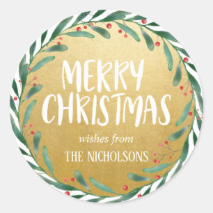 Vrolijk kerstscript Krans Faux gouden folie Ronde Sticker