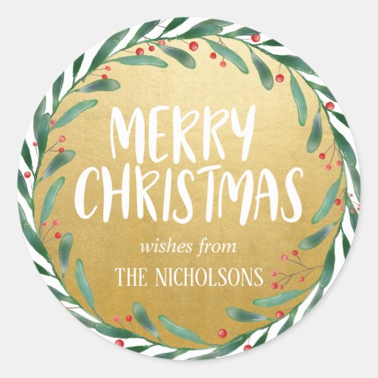 Vrolijk kerstscript | Krans | Faux gouden folie Ronde Sticker (Voorkant)