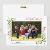 Vrolijk kerstscript laat bessen gouden foto achter feestdagenkaart (Voorkant / Achterkant)