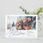 Vrolijk kerstscript marineblauw en wit 1 foto feestdagenkaart (Staand voorkant)