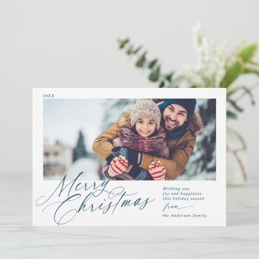 Vrolijk kerstscript marineblauw en wit 1 foto feestdagenkaart (Staand voorkant)