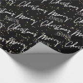 Vrolijk kerstscript met de naam Black White Gold Cadeaupapier (Hoek)