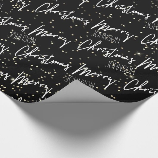 Vrolijk kerstscript met de naam Black White Gold Cadeaupapier (Hoek)