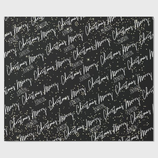 Vrolijk kerstscript met de naam Black White Gold Cadeaupapier (Vlak)