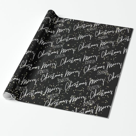 Vrolijk kerstscript met de naam Black White Gold Cadeaupapier (Uitgerold)