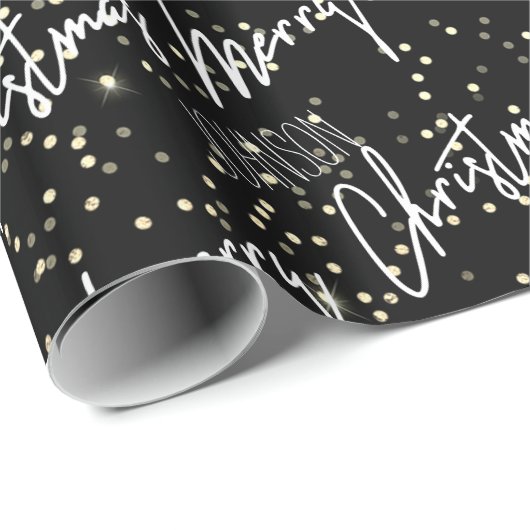 Vrolijk kerstscript met de naam Black White Gold Cadeaupapier (Rol Hoek)