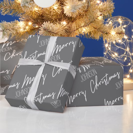 Vrolijk kerstscript met de naam Nordic Cousy Grey Cadeaupapier (Feestdagen)