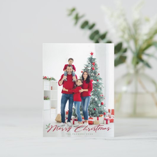 Vrolijk kerstscript met dennen & bessen foto briefkaart (Staand voorkant)