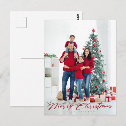 Vrolijk kerstscript met dennen & bessen foto briefkaart (Voorkant / Achterkant)