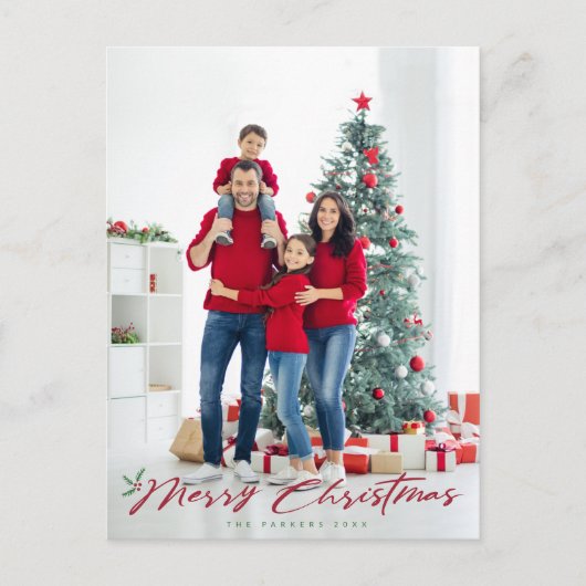 Vrolijk kerstscript met dennen & bessen foto briefkaart (Voorkant)