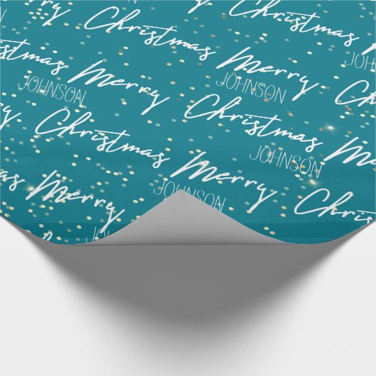 Vrolijk kerstscript met naam Blauwgroen goud Cadeaupapier (Hoek)