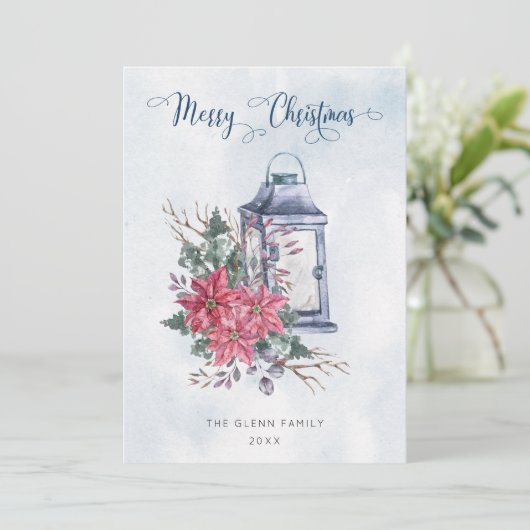 Vrolijk kerstscript met Waterverf Poinsettias Feestdagenkaart (Staand voorkant)