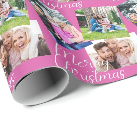 Vrolijk kerstscript Modern 3 Foto aangepast Cadeaupapier (Rol Hoek)