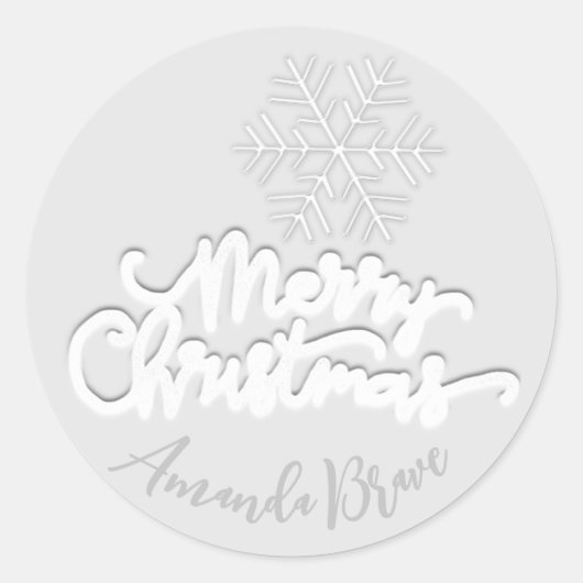 Vrolijk kerstscript naam grijze sneeuwvlokken wit ronde sticker (Voorkant)