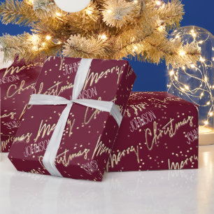 Vrolijk kerstscript, naam Royal Red Gold Cadeaupapier