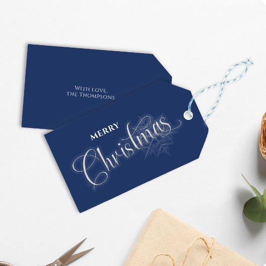 Vrolijk kerstscript Navy Blue Sneeuwvlok Cadeaulabel