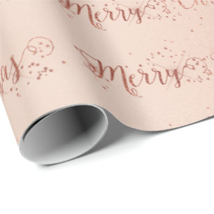 Vrolijk kerstscript Pastel Roze Rose Gold Stars Cadeaupapier