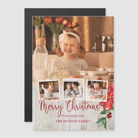 Vrolijk kerstscript, Poinsettia, Rustic 4-foto (Voorkant / Achterkant)