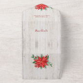 Vrolijk kerstscript, Poinsettia, Rustic 4-foto All In One Uitnodiging (Buitenkant)