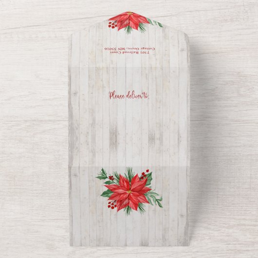 Vrolijk kerstscript, Poinsettia, Rustic 4-foto All In One Uitnodiging (Buitenkant)