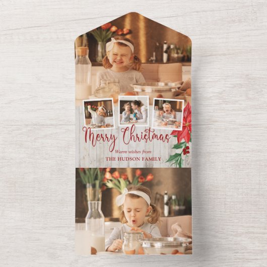 Vrolijk kerstscript, Poinsettia, Rustic 4-foto All In One Uitnodiging (Binnen)