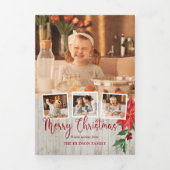 Vrolijk kerstscript, Poinsettia, Rustic 4-foto Drieluik Kaart (Cover)