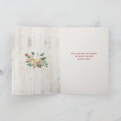 Vrolijk kerstscript, Poinsettia, Rustic 4-foto Feestdagen Kaart (Binnen)