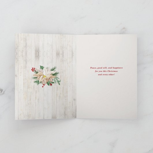 Vrolijk kerstscript, Poinsettia, Rustic 4-foto Feestdagen Kaart (Binnen)