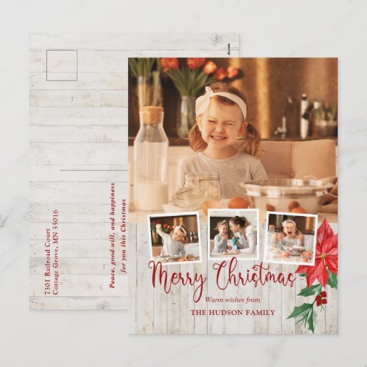 Vrolijk kerstscript, Poinsettia, Rustic 4-foto Feestdagenkaart (Voorkant / Achterkant)