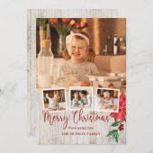 Vrolijk kerstscript, Poinsettia, Rustic 4-foto Feestdagenkaart (Voorkant / Achterkant)