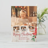Vrolijk kerstscript, Poinsettia, Rustic 4-foto Feestdagenkaart (Staand voorkant)