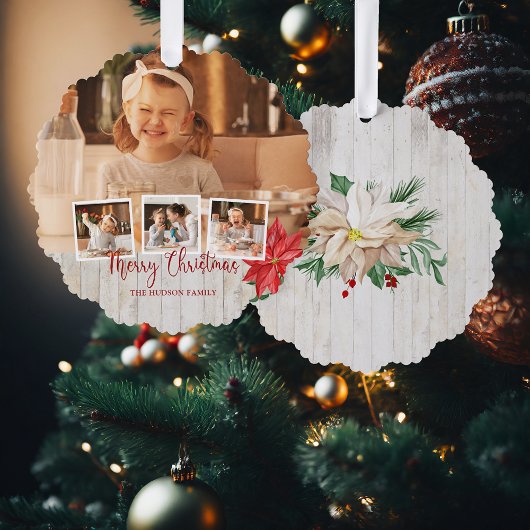 Vrolijk kerstscript, Poinsettia, Rustic 4-foto Ornament Kaart