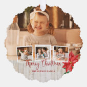 Vrolijk kerstscript, Poinsettia, Rustic 4-foto Ornament Kaart (Voorkant)