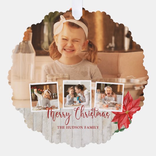 Vrolijk kerstscript, Poinsettia, Rustic 4-foto Ornament Kaart (Voorkant)