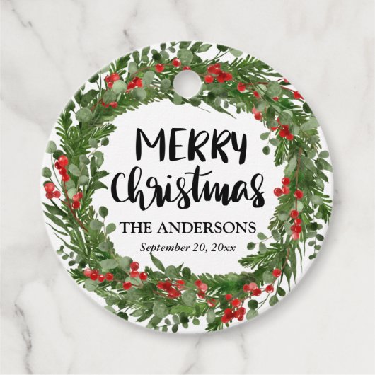 Vrolijk kerstscript Red Holly laat Wreator Bedankjes Labels (Voorkant)