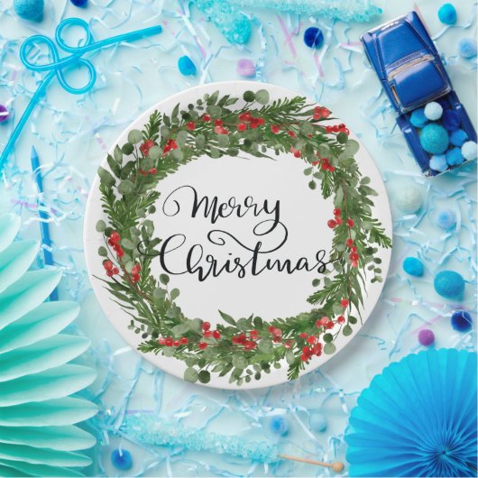 Vrolijk kerstscript Red Holly laat Wreator Papieren Bordje (Feest)